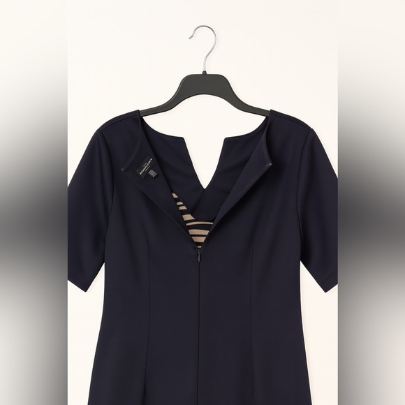 Connected Apparel Navy Blue Dress 14 Slit Neck Stretch Tan Front Panel Classic - Picture 5 of 5